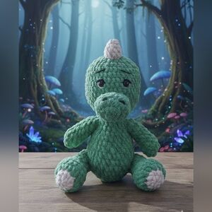 Handmade Crochet Dinosaur Amigurumi - Plush Green Dino Stuffed Animal - 10" Tall